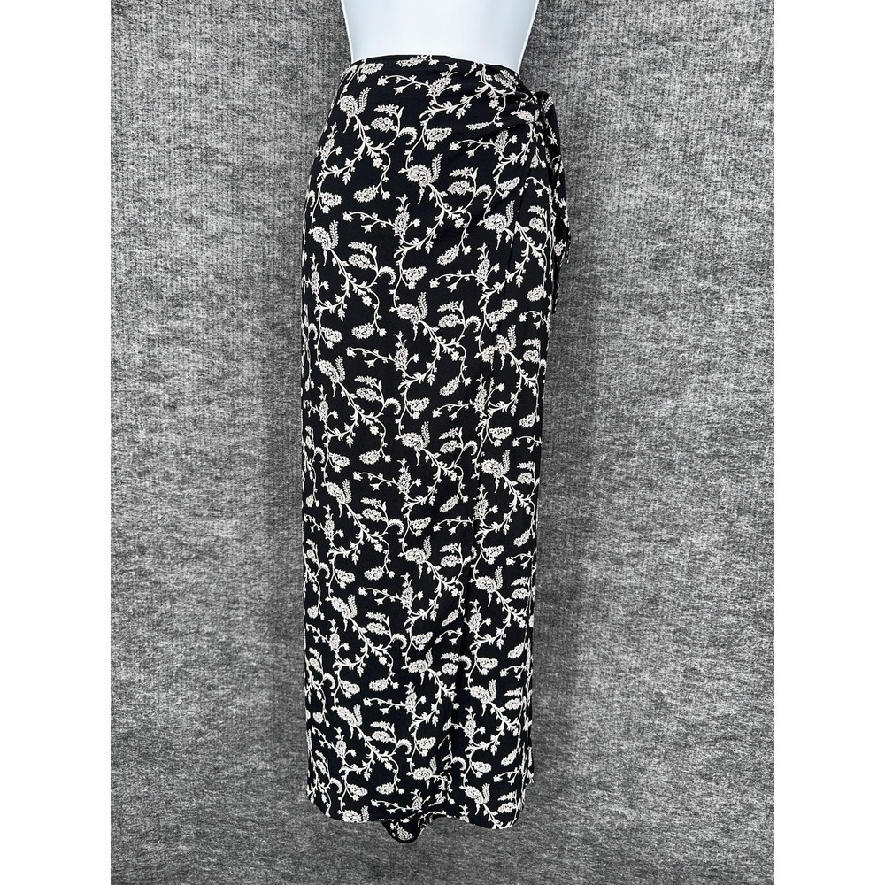 90s Vintage Skirt Womens‎ 8 Black Floral Wrap Maxi Rayon Tie Long Cottage Boho